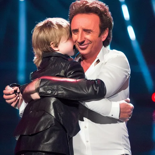 Image similar to marco borsato hugging young star on stage at the voice