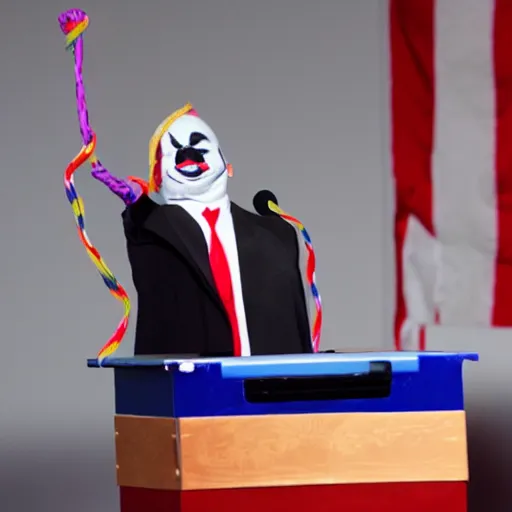 Image similar to string puppet of a president with clown makeup in a podium and a human shadow behind