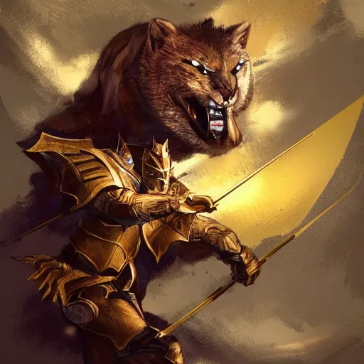 Image similar to gold knight fighting cougar, concept art, honorable, cinematic