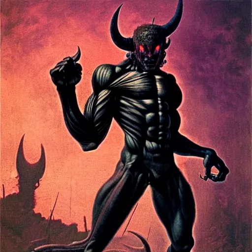 Image similar to demon with purple chestplate and black armor, muscles, balrog, beksinski