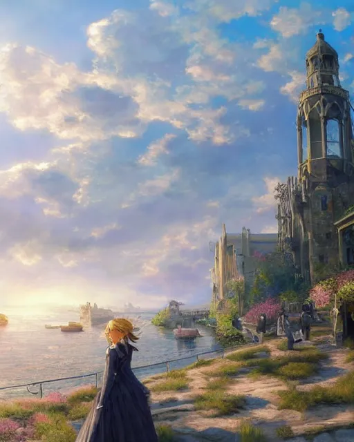 Image similar to over the shoulder landscape painting of violet evergarden, behind her is a distant old european city leiden from violet evergarden next to the reflecting ocean, ocean, sunshine, by sakimi chan and Artgerm , WLOP, Rossdraws, fantasy, intricate, elegant, highly detailed, digital painting, trending on artstation, blender, unreal engine 5, octane render, smooth, sharp focus, illustration