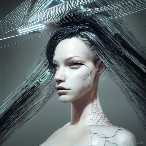 Prompt: the portrait of an absurdly beautiful, graceful, sophisticated, fashionable cyberpunk gravure idol, an ultrafine hyperdetailed illustration by kim jung gi, irakli nadar, matt wisniewski, intricate linework, silvrr wiring, porcelain skin, unreal engine 5 highly rendered, global illumination, radiant light, detailed and intricate environment