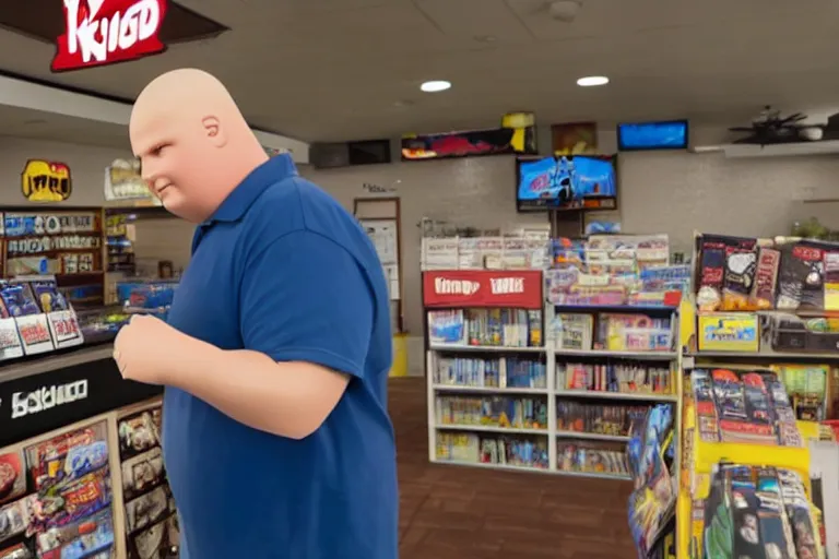 Prompt: bobby hill from king of the hill working behind the counter of a game stop, movie still, from the new clerks movie, 8 k, hd