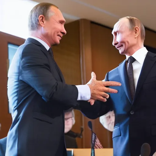 Prompt: telephoto candid cropped photo of billy herrington shaking hands with vladimir putin, press conference, zeiss 1 5 0 mm, sharp focus, natural lighting, ultra realistic, high definition 4 k photo