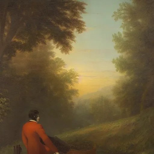 Image similar to an impressively euphoric 1 8 0 0 s romanticism - inspired oil painting depicting a man playing a piano underneath a foggy tree line at dawn inspired by liberty leading the people