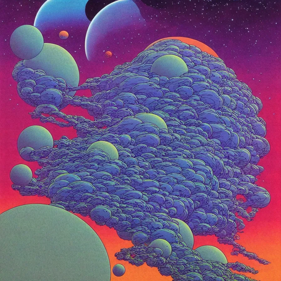 Image similar to ( ( ( ( beautiful gas cloud, strange planet, unique forest ) ) ) ) by mœbius!!!!!!!!!!!!!!!!!!!!!!!!!!!, overdetailed art, colorful, artistic record jacket design