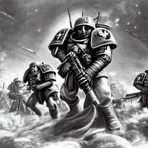 Prompt: classic world war 2 photo of a warhammer 4 0 k space marine fighting alongside the allied forces, rosenthal, baltermants, kerlee, vaccaro