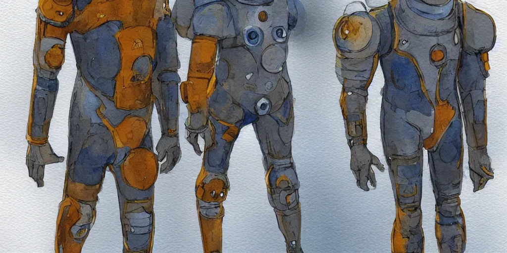 Image similar to male, full body, modern space suit, intriguing helmet, very stylized character design, large shoulders, short torso, long thin legs, tiny feet, science fiction, hyperdetailed, technical suit, dieselpunk, watercolor digital painting, in the style of mike mignola, by alex maleev, jean giraud