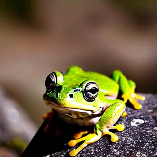 Image similar to closeup of a frog sitting on a stone in a forest, wildlife photography