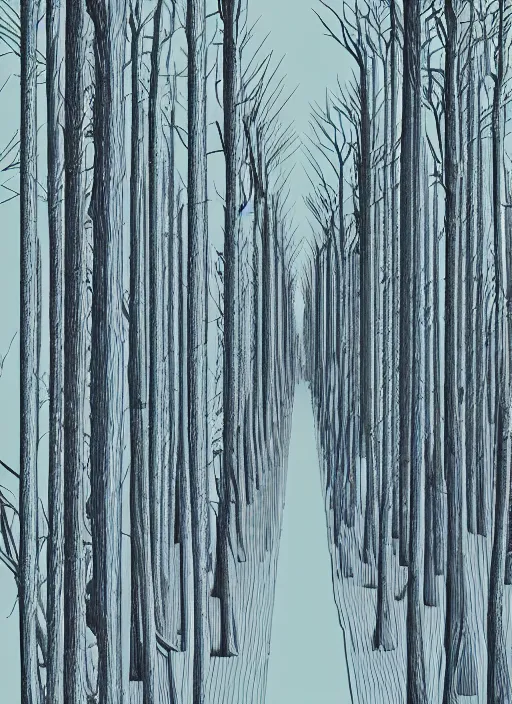 Prompt: a drawing of a forest with tall columns, a digital rendering by wolfgang zelmer, behance, generative art, matte drawing, anaglyph filter, isometric