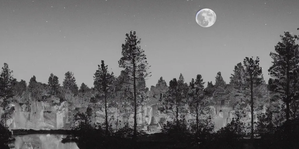 Image similar to a city on the moon with trees. river in the foreground. ocean in on the right. half lit earth in the sky from moon. moon mountains in the background