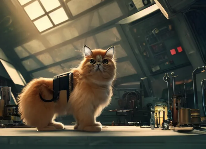 Image similar to low angle shot of a stretching persian cat wearing cyberpunk outfit on a mechanics workbench in a spaceport in a space opera studio ghibli animated film, volumetric lighting, octane render by anime, stanley artgerm lau, greg rutkowski, thomas kindkade, alphonse mucha, loish, norman rockwel, highly detailed