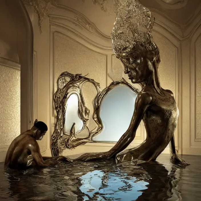 Image similar to hyperrealistic random objects in a surreal minimalistic dreamscape environment by salvador dali, enormous melting mannequin head statue, highly detailed, 3 d render, vray, octane, beautiful lighting, photorealistic, intricate, elegant, wayne barlowe, water, mirrors, doorway, beautiful, masterpiece, trending on artstation, artgerm, checkered floor