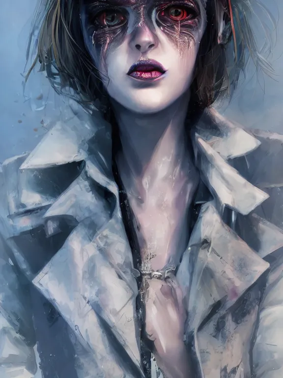 Prompt: digital illustration of a girl with eyes that burn like cigarettes wearing a short skirt and a long jacket with fingernails that shine like justice, dramatic lighting, photorealistic, full body shot, full body portrait, extreme detail, 4 k, colorful, artgerm and craig mullins, detailed face, m f / 2. 8