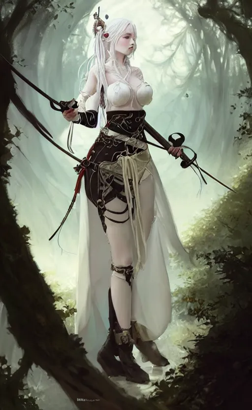 Image similar to stunningly beautiful female white hair hime cut, steampunk hakama with sword and crossbow, fantasy art, fae priestess, lush forest landscape, dark light night, sharp focus, digital painting, 4 k, concept art, art by wlop, artgerm, greg rutkowski and krenz cushart