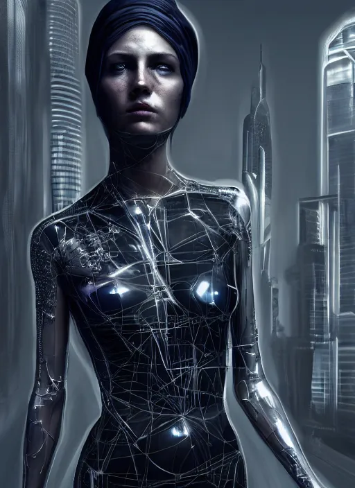 Image similar to 3 / 4 portrait, emma thorpe, crown, transparent skin, futuristic clothing, visible muscle, id magazine, hyperrealism, detailed textures, photorealistic, 3 d cyberpunk apocalyptic city, ultra realistic, cinematic, intricate, cinematic light, unreal engine 8 k, octane render, unreal engine, david kostic, artgerm