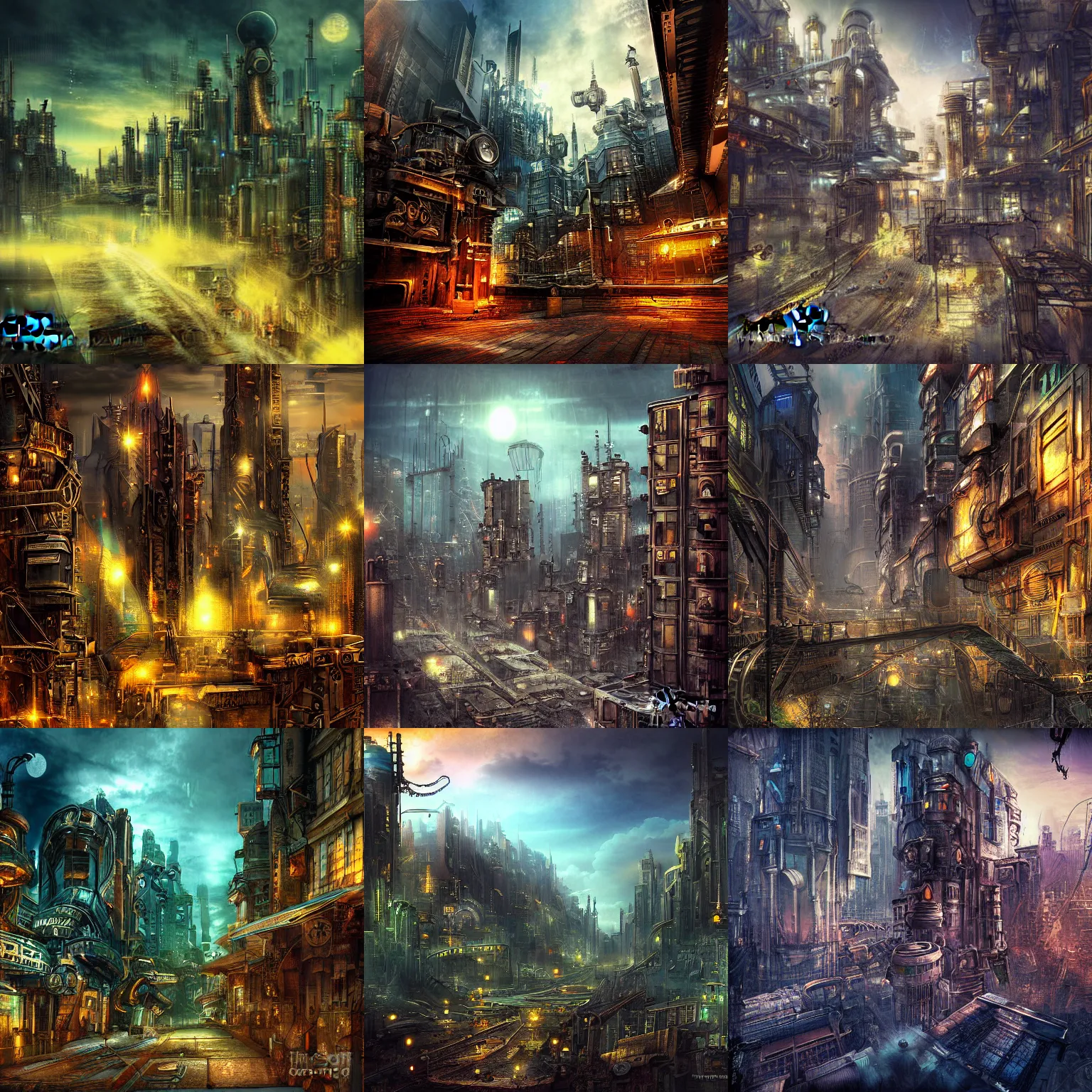 Prompt: photograph landscape sci-fi steampunk cityscape, distopian