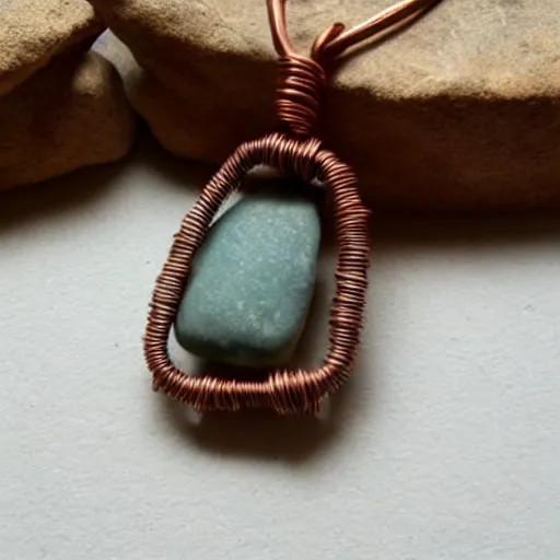 Prompt: beautiful but simple amulet made from equal parts sandstone and dirtstone, bound together by copper wire