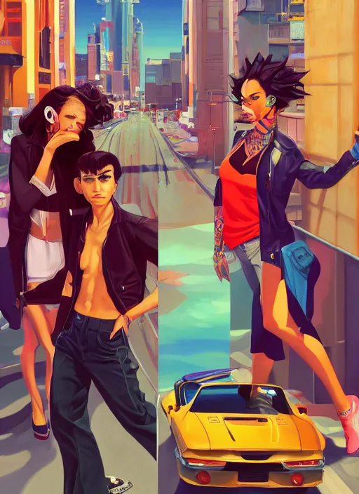 Image similar to latino - futurist latinos, zoot suits and lowriders, fashionable, driving the metaverse | hyperrealistic oil painting | by makoto shinkai, ilya kuvshinov, lois van baarle, rossdraws | afrofuturism, in the style of boondocks, trending on artstation | dark color scheme