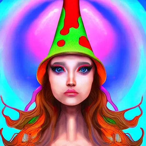 Prompt: an elf lady with an outfit wearing a large amanita mushroom hat with rainbow glasses on her face in a magical forest, epic digital art