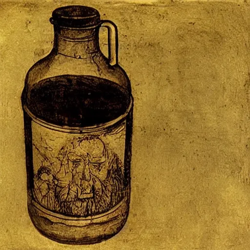 Prompt: A jug of moonshine giving off light in the back of a bus, Painting by Leonardo Da Vinci