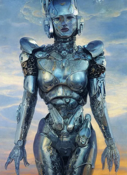 Image similar to a biblical diabolical beautiful female android, hawk, shiny hi tech armor, dynamic pose, splashing, heavy eyes to the side, glowing veins, in clouds, rain, sunset, portrait, by gerald brom, by mikhail vrubel, by peter elson, muted colors, extreme detail, reflections, trending on artstation, 8 k