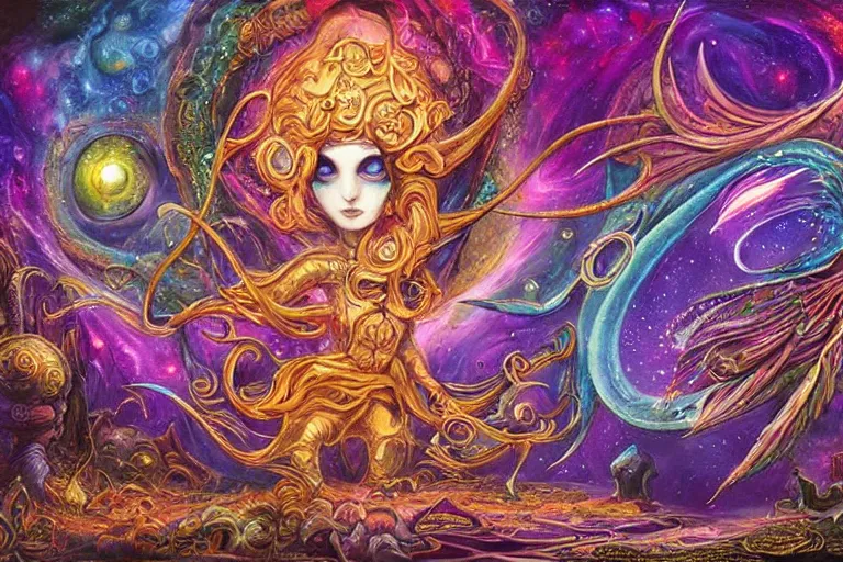 Prompt: spacecore, eldritch, psychic, elemental masterpiece 8k resolution Behance HD scrollwork magic conduits zBrush Central contest winner, cel-shaded gothic psychedelic wonderland pastiche by Josephine Wall, deep color