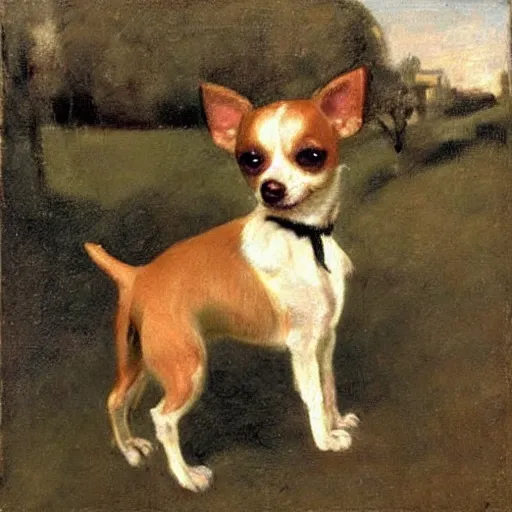 Image similar to chihuahua, by camille corot, eating a bagel