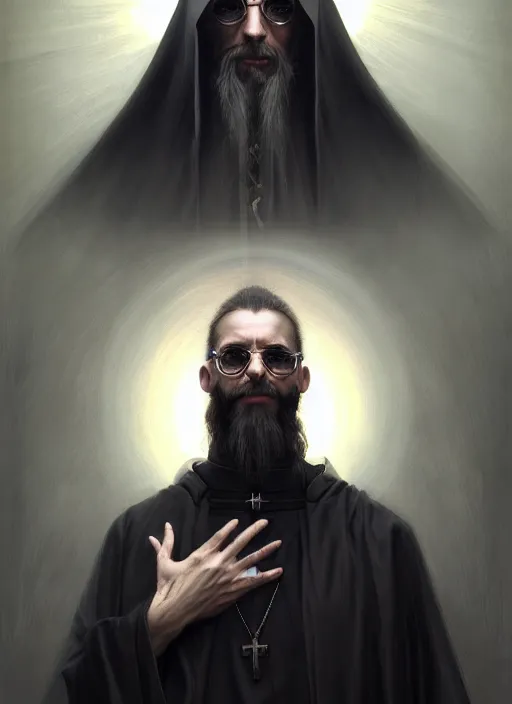 Image similar to portrait of a cyberpunk orthodox priest, grim - lighting, high - contrast, intricate, elegant, highly detailed, centered, digital painting, artstation, concept art, smooth, sharp focus, illustration, artgerm, tomasz alen kopera, peter mohrbacher, donato giancola, joseph christian leyendecker, wlop, boris vallejo