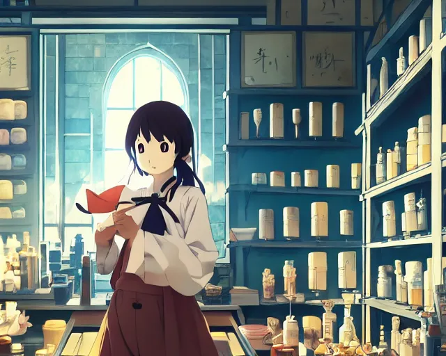 Image similar to anime visual, portrait of a young female traveler in a alchemist's shop interior, cute face by yoh yoshinari, katsura masakazu, studio lighting, dynamic pose, dynamic perspective, strong silhouette, anime cels, ilya kuvshinov, cel shaded, crisp and sharp, rounded eyes, moody