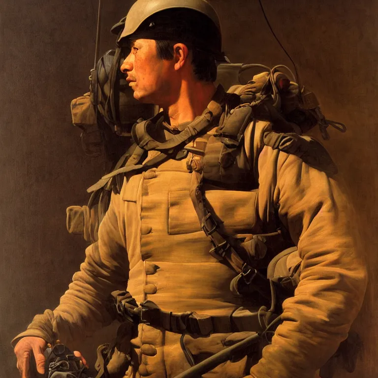 Prompt: portrait of a us soldier, vietnam war, majestic, posing in helicopter, fine art portrait painting, strong light, clair obscur, by caravaggio, by diego velazquez, by jean honore fragonard, by peter paul rubbens, by bouguereau, by gaston bussiere, craig mullins