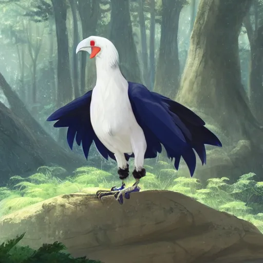 Image similar to concept art painting of an anthropomorphic albino raven wearing dark blue robes, in the deep forest, realistic, detailed, cel shaded, in the style of makoto shinkai and greg rutkowski and james gurney