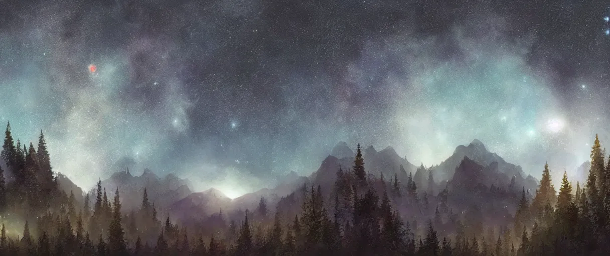 Prompt: digital photography of a ultra detailed night sky with constellations, detailed very beautiful girl with short hair swimming in a blue pool, Perseides meteor shower, ultra detailed hill top over behind a forest, large mountains in back, concept art, low angle, high detail, warm lighting, volumetric, vivid, beautiful, trending on artstation, by Jordan Grimmer, no focus, huge scene, ultra detailed trees, F11 aperture, in the style of JIM RICHARDSON