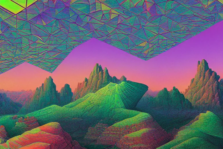 Image similar to beautiful rendered in zbrush ancient painting of a scenic mountain range surrounded by holographic Myrtle squares, retro tech, vaporwave, neon colors, by Jean Giraud and Zdzisław Beksiński and Chesley Bonestell and James Gurney, Mc Escher,