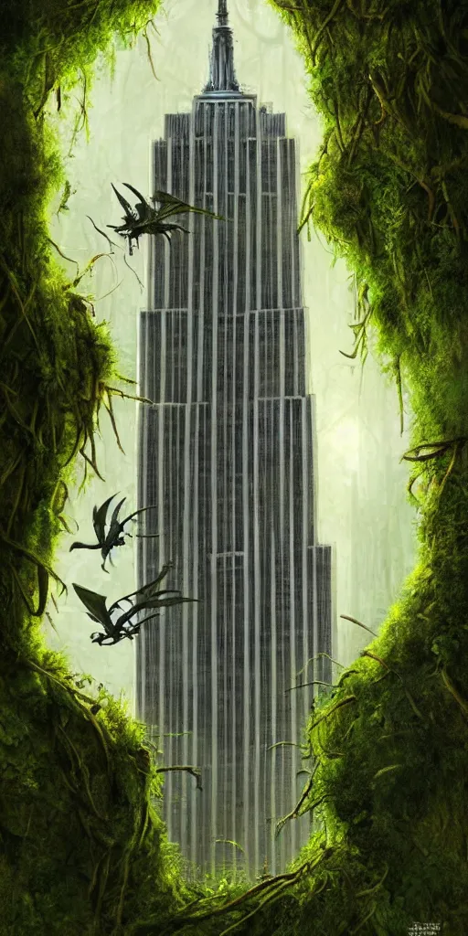 Prompt: an epic view of vines and moss growing on the empire state building, moss, jungle, with pterosaurs flying, close - up, low angle, wide angle, atmospheric, volumetric lighting, cinematic, very realistic, sharp, highly detailed digital art, painted by craig mullins