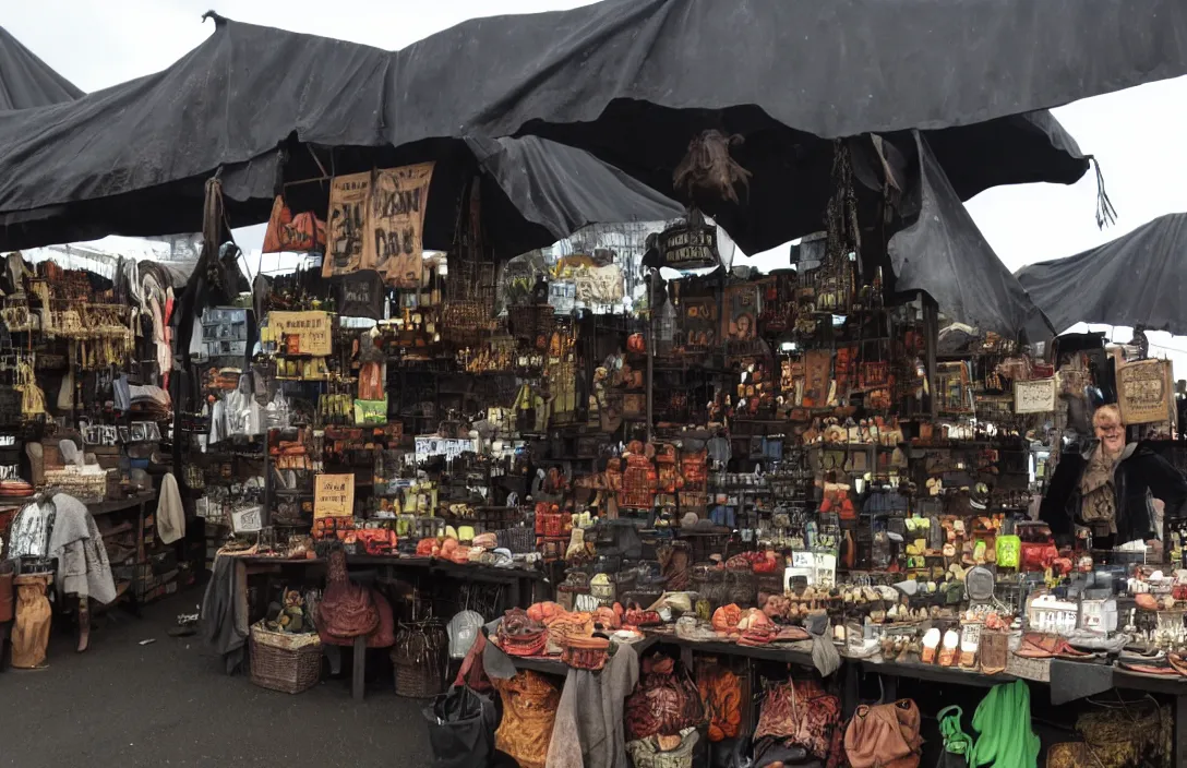 Image similar to market stall in Mordor with a very dark atmospheric sky. A hideous faced orc is selling arcane wares and animal body parts