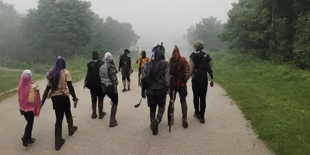 Prompt: an adventure party is walking towards a solarpunk city in the background masked by mist