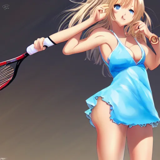 Image similar to a very beautiful young tennis anime cute girl, full body, long wavy blond hair, sky blue eyes, full round face, bikini, miniskirt, front view, mid - shot, highly detailed, cinematic wallpaper by stanley artgerm lau
