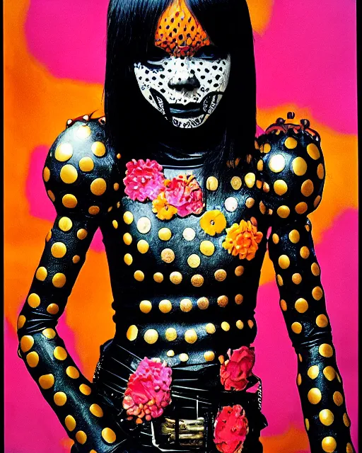 Image similar to portrait of a skinny punk goth yayoi kusama wearing armor by simon bisley, john blance, frank frazetta, fantasy, thief warrior, floral flowers colorful