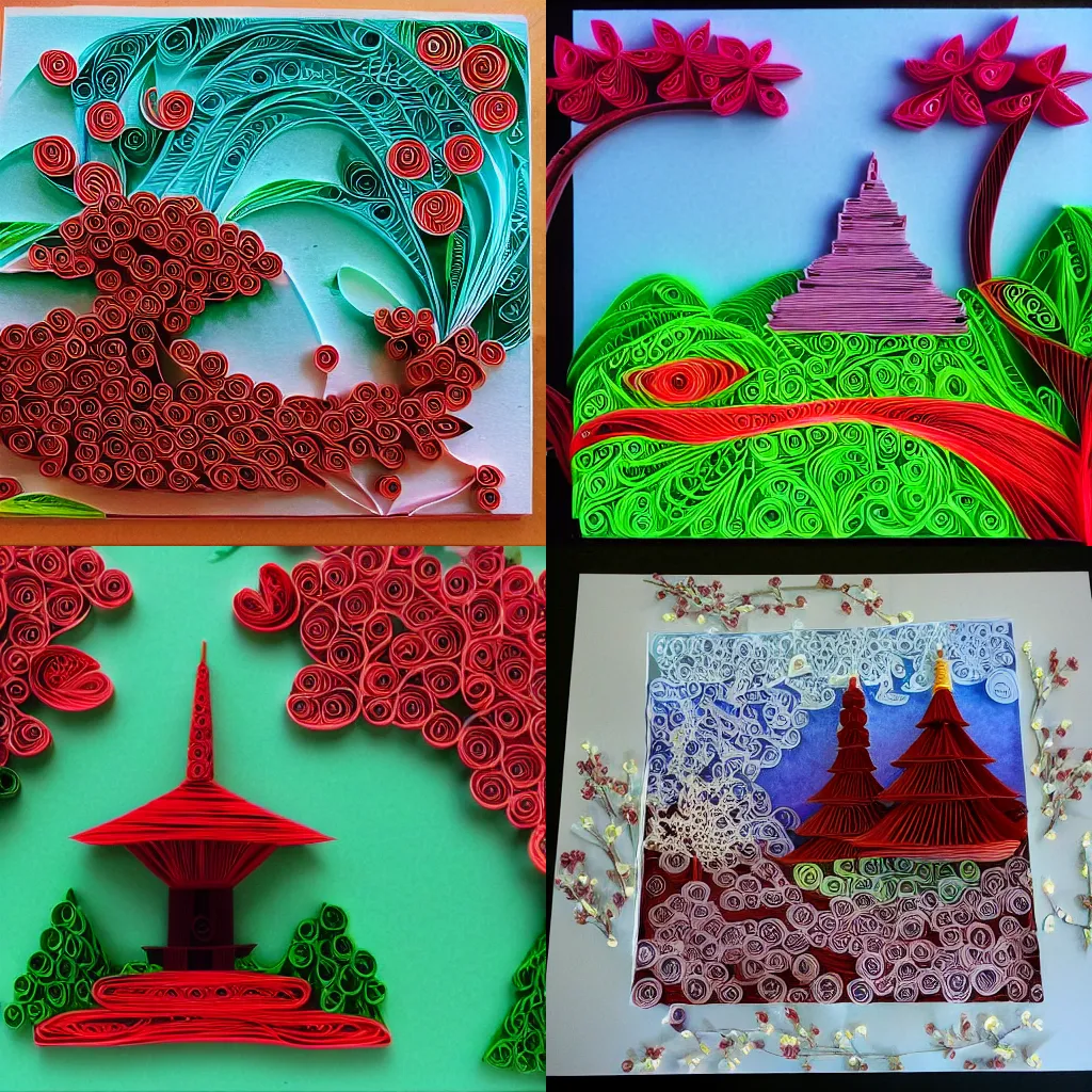 Prompt: paper quilling landscape with pagoda and cherry trees detailed 4k