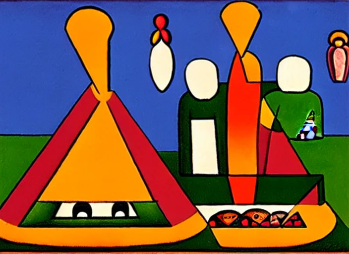 Image similar to a temple to pizza by Tarsila do Amaral