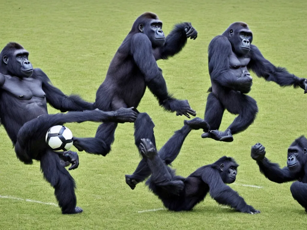 Prompt: a gorilla kicking a ball towards the rival goal, vivid