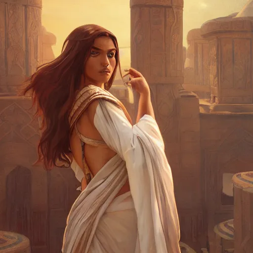 Image similar to A seductive twenty year old Mesopotamian witch in training, fully clothed, brown skinned, in a major Mesopotamian city, portrait, highly detailed, digital painting, artstation, concept art, sharp focus, illustration, cinematic lighting, art by artgerm and greg rutkowski and alphonse mucha