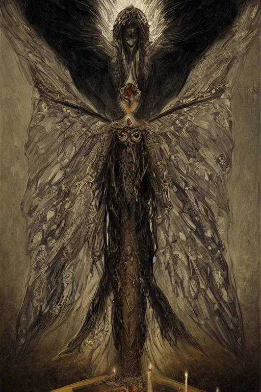 Image similar to portrait of an ominous looming moth angel at a dark shrine, oil on canvas, experimental gothic style, ornate, elegant, detailed, prominent intricate wings, concept art, trending on artstation, javascript enabled