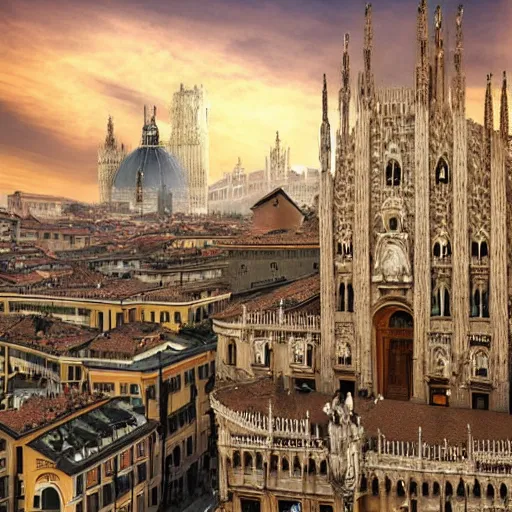 Image similar to the city of Milano fused with the golden city of Anor Londo