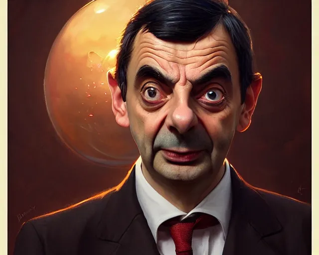 Image similar to mr bean looking very happy, photography of kurzgesagt, deep focus, d & d, fantasy, intricate, elegant, highly detailed, digital painting, artstation, concept art, matte, sharp focus, illustration, hearthstone, art by artgerm and greg rutkowski and alphonse mucha