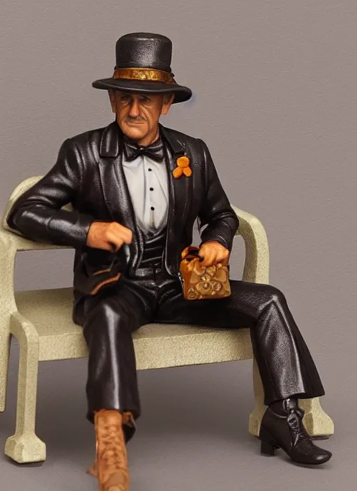 Prompt: 8 0 mm resin detailed miniature of sean connery lounging wearing a hat and proudly showing off a louis vuitton leather purse, product introduction photos, 4 k, full body