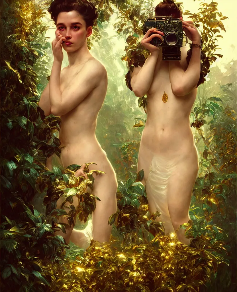 Image similar to hyper realistic photographer looking through a vintage medium format camera, magic pouring from lens, full body pose, design on white background, beautiful details, lush foliage cyberpunk, gold, drawn by john singer sargent, tom bagshaw, norman rockwell, alphonso mucha, lolish, trending on artstation