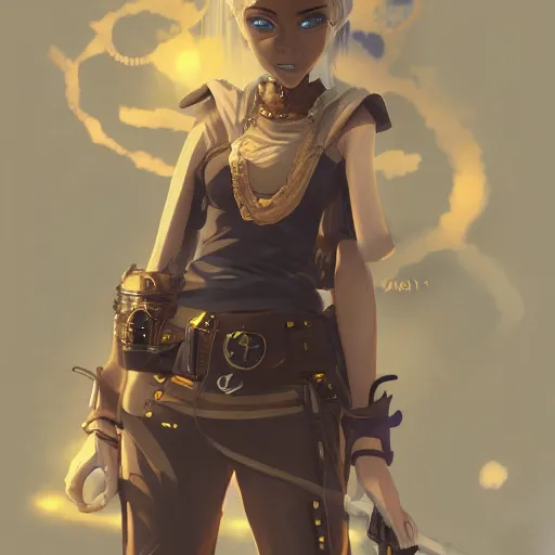 Prompt: a girl with dark skin with yellow eyes and short white hair, wearing steampunk attire, highly detailed, digital painting, artstation, matte, by makoto shinkai, animation style