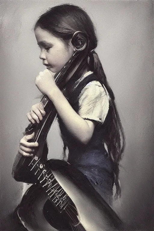 Image similar to “ little girl, pigtails hairstyle, practicing guitar, jeremy lipking, joseph todorovitch, casey baugh ”